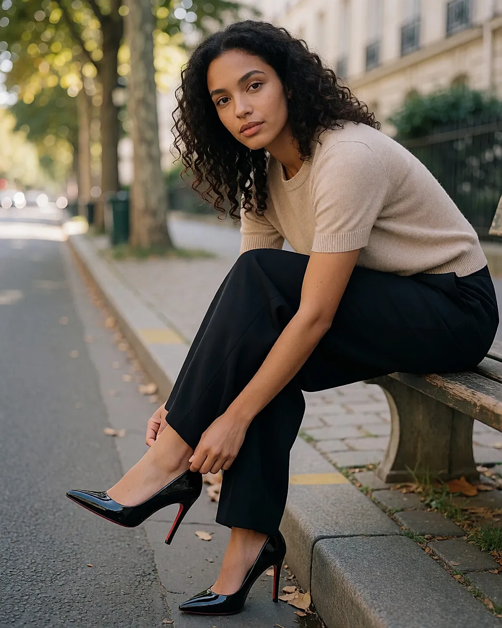 Woman sitting on a bench, adjusting a black red-soled pump in the street