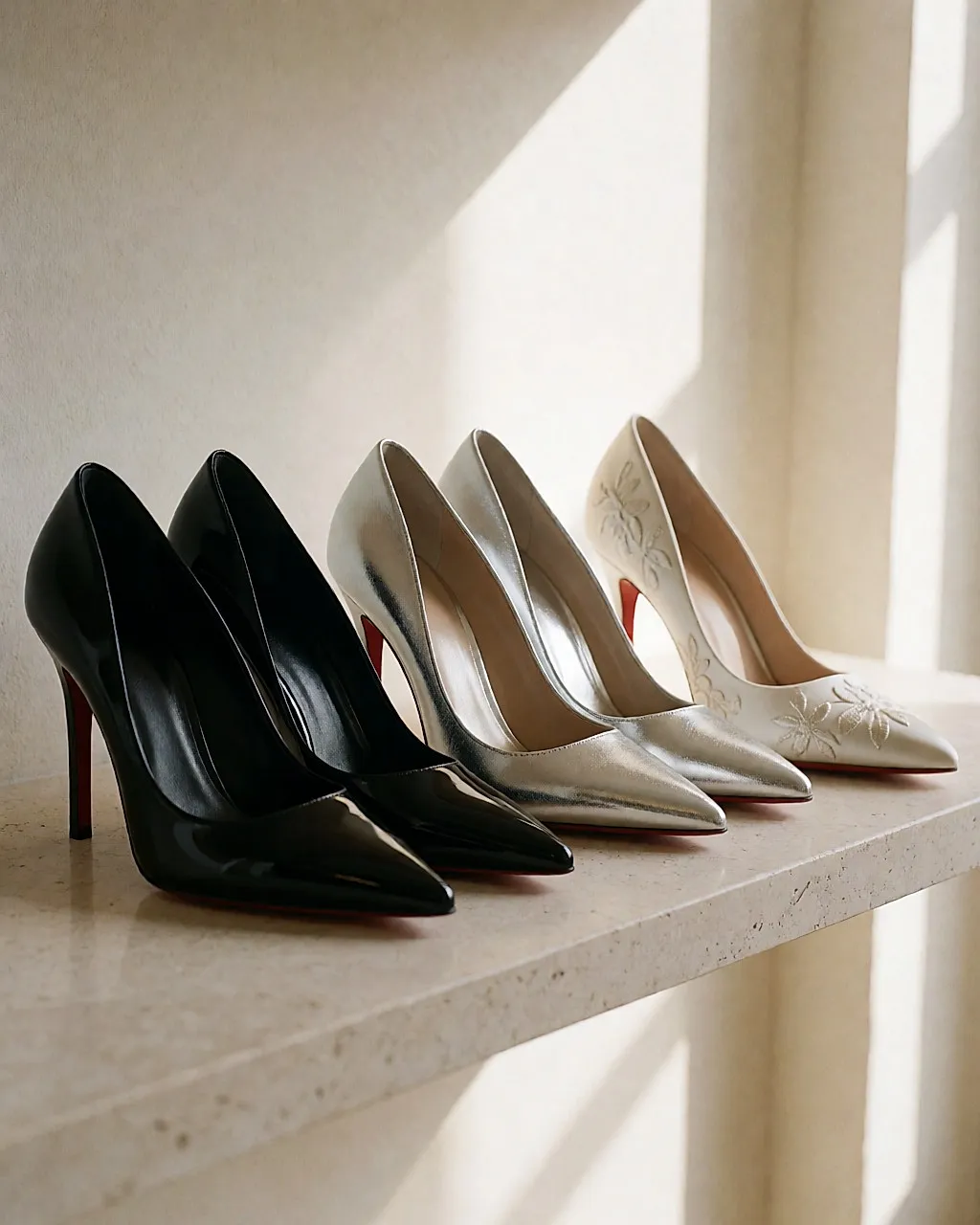 Three pairs of red-soled pumps lined up on a pale shelf