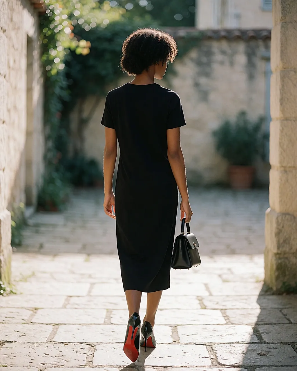 Woman seen from behind in a black dress and red-soled pumps, carrying a single bag