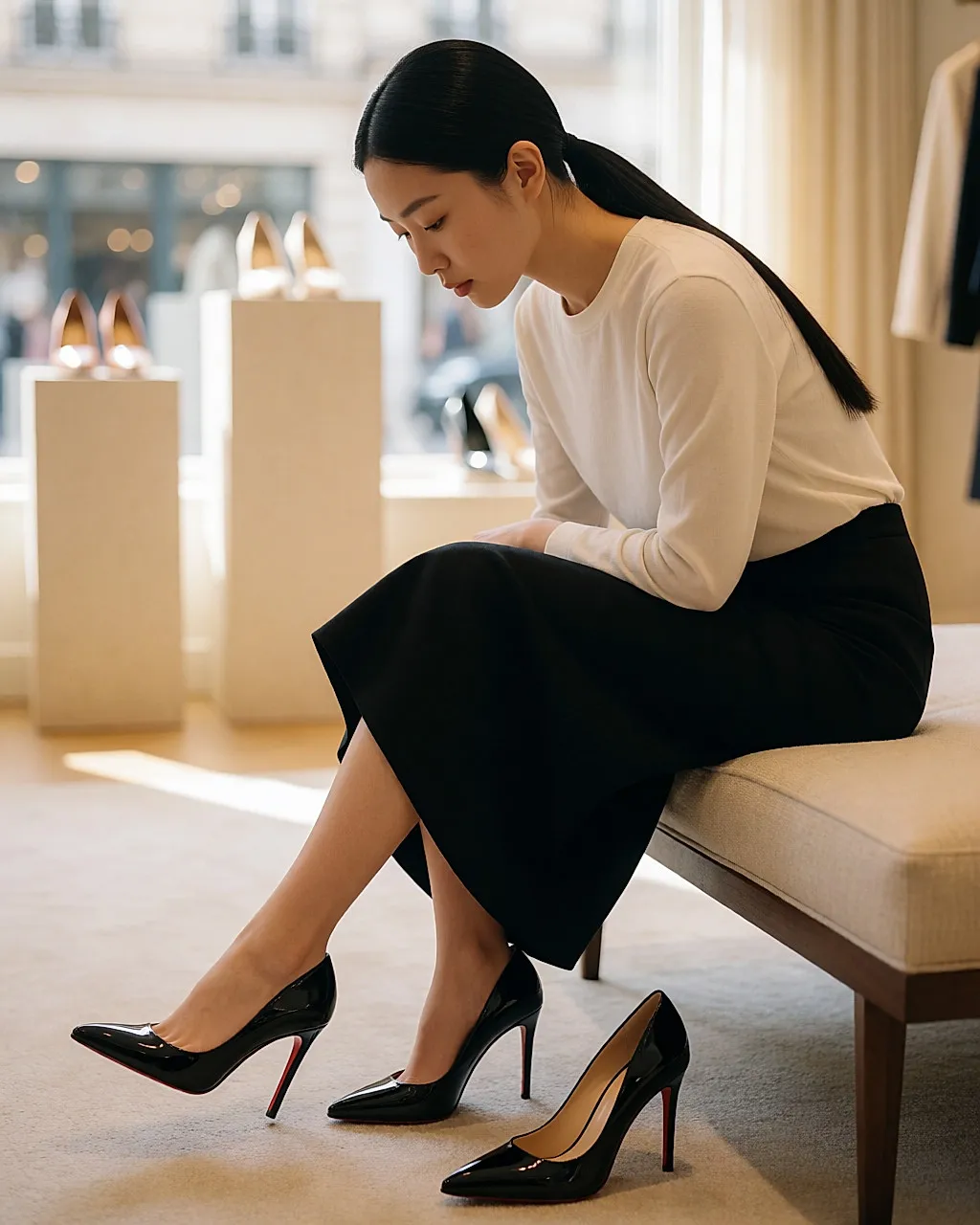Woman sitting in a boutique, trying on a black red-soled pump