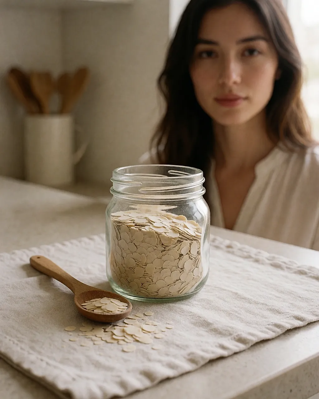 Kleines Glas Bierhefe-Flocken mit Holzlöffel