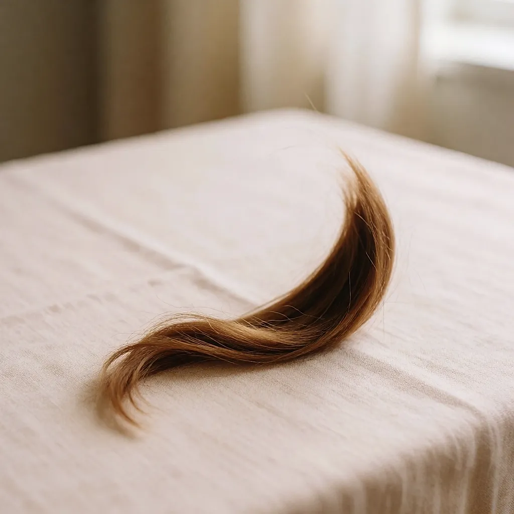 A single long strand of hair on a beige cloth, close-up