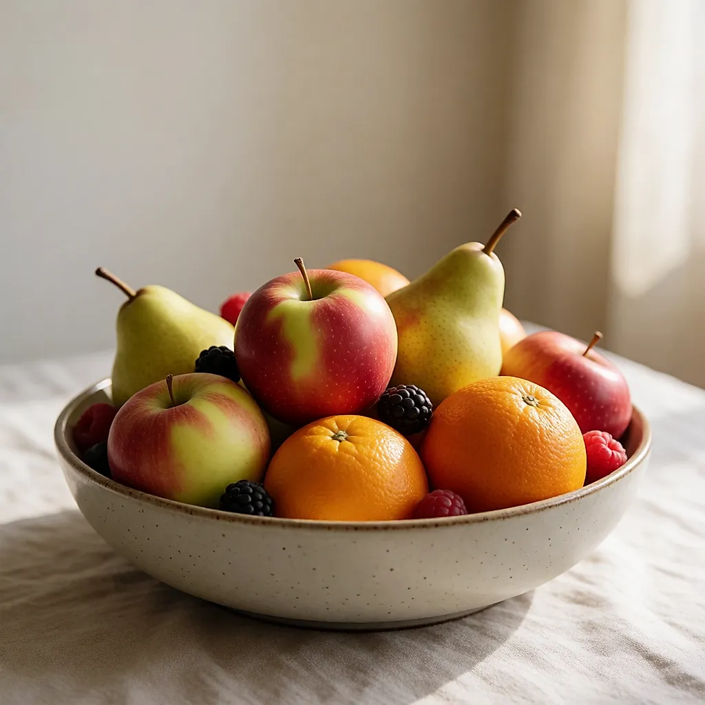 A bowl of fresh fruit on a light cloth