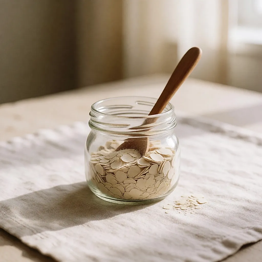 A small jar of brewer's yeast flakes with a wooden spoon