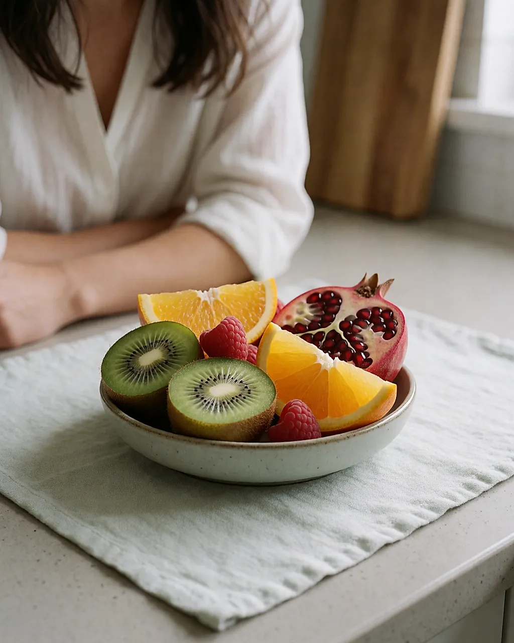 Schüssel mit frischem Obst auf einem hellen Tuch