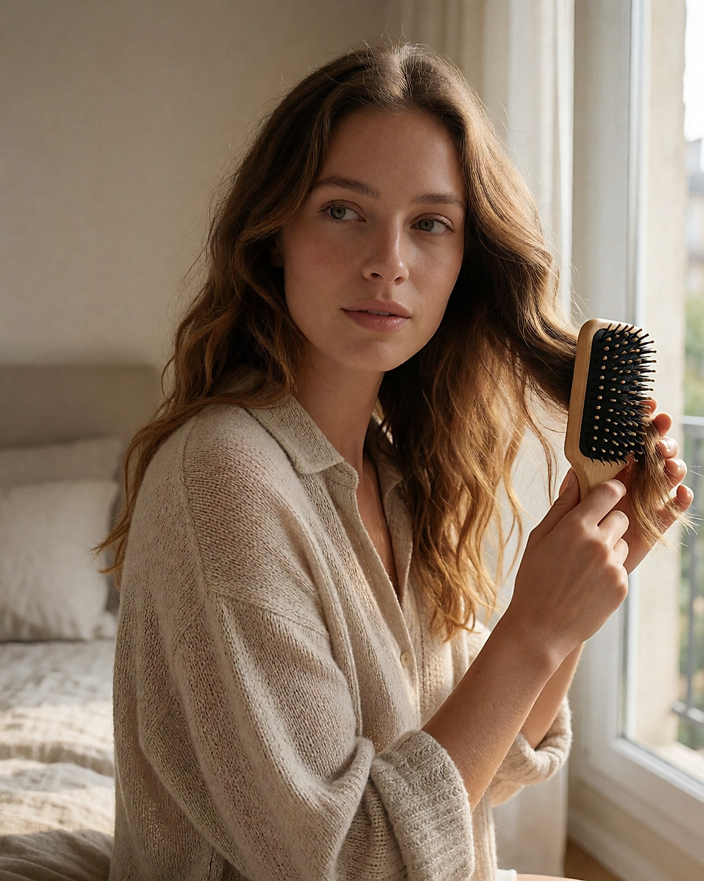 Jeune femme brossant ses cheveux des pointes vers les racines avec une brosse souple