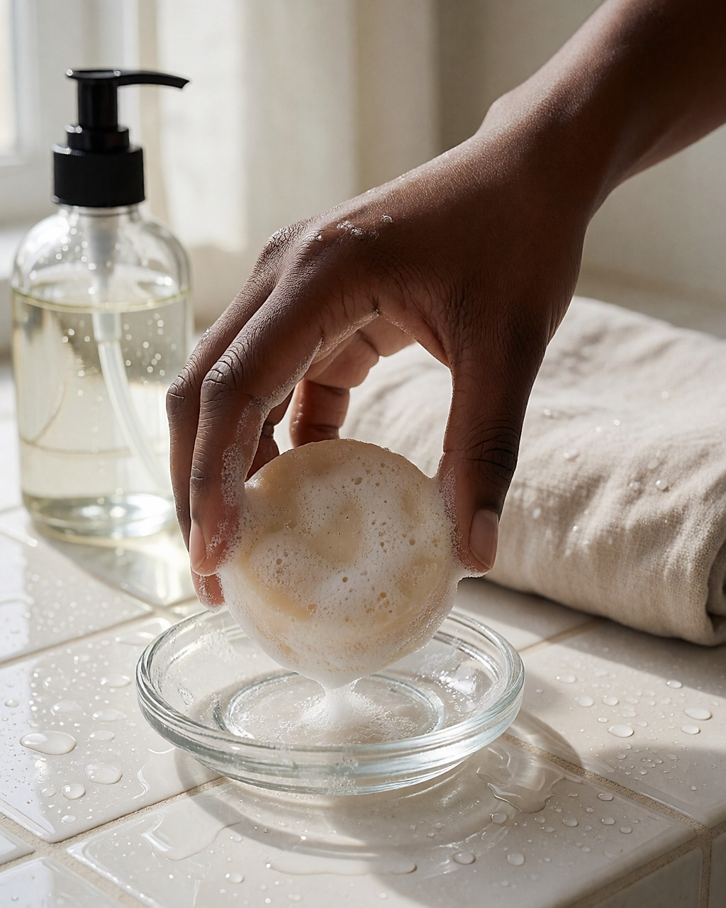 Main tenant un shampooing solide mousseux au-dessus d'une coupelle en verre dans une salle de bain