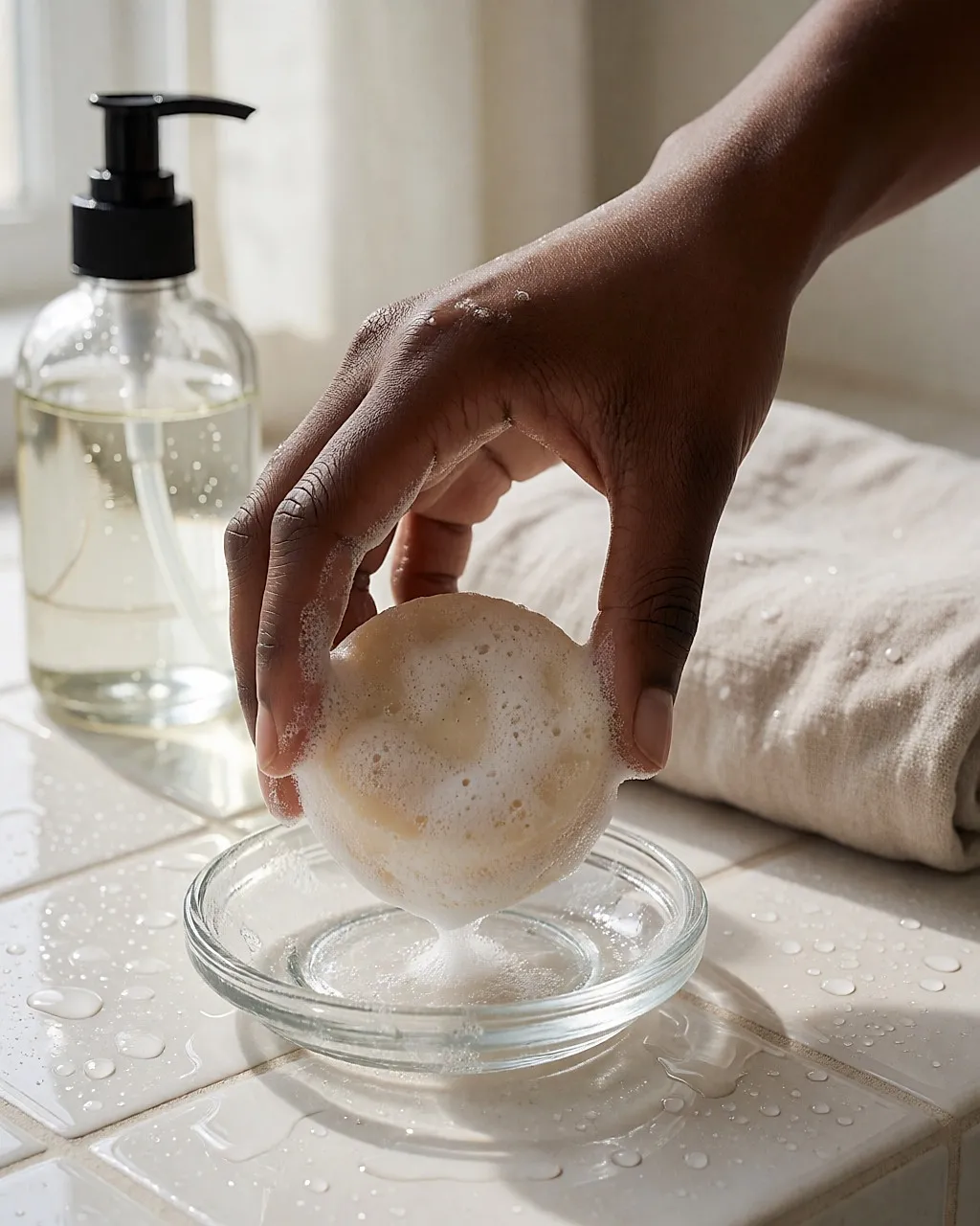 Hand hält ein schäumendes festes Shampoo über einer Glasschale im Badezimmer