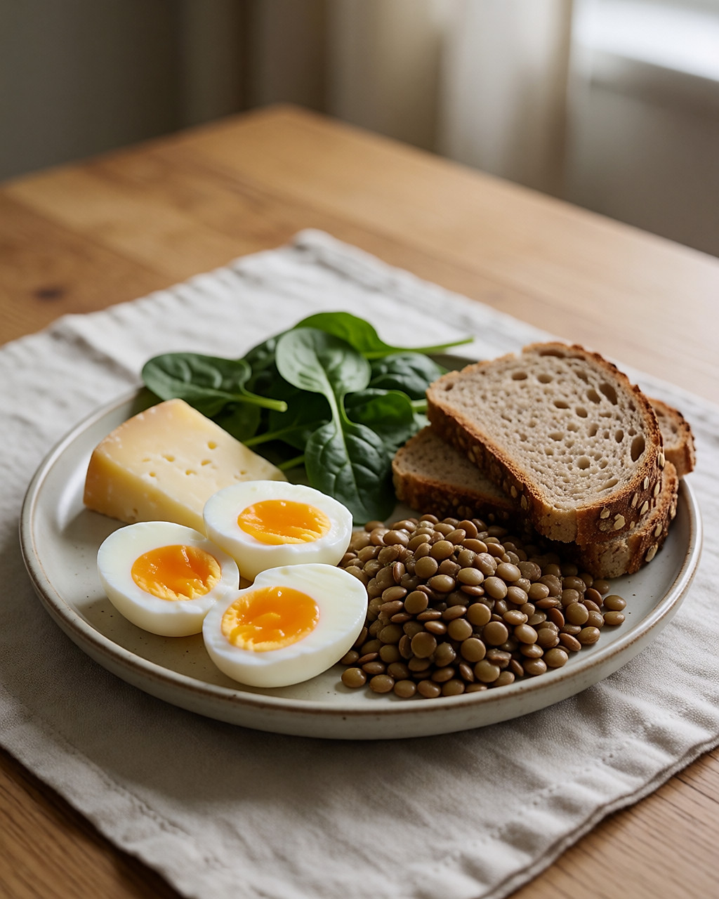 Assiette d'œufs, légumineuses, fromage et pain complet sur une table en bois clair