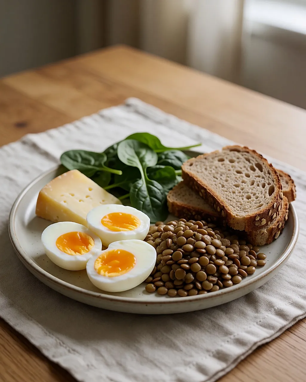 Teller mit Eiern, Hülsenfrüchten, Käse und Vollkornbrot auf einem hellen Holztisch