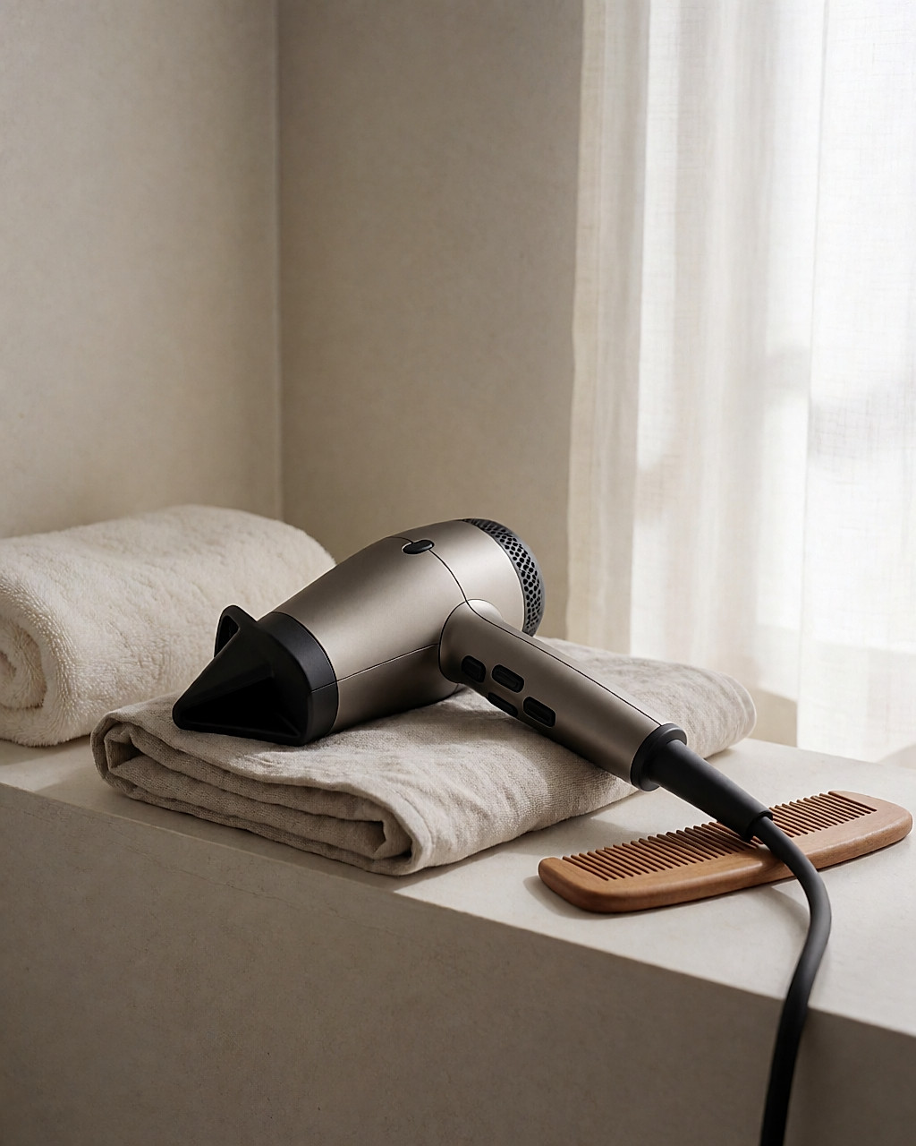 Sèche-cheveux débranché posé sur une serviette en lin dans une salle de bain claire