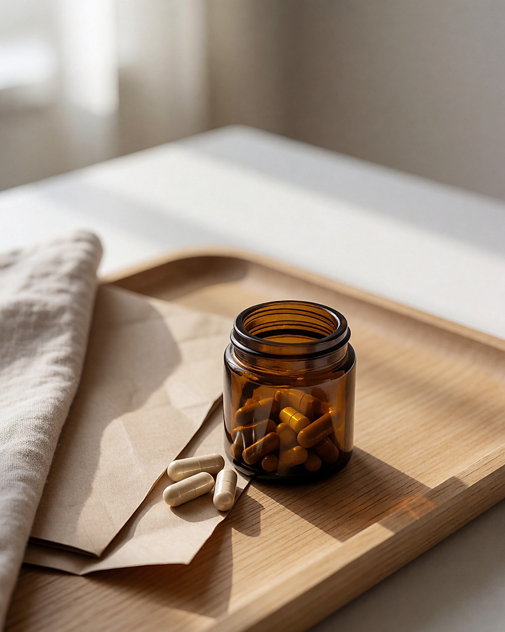 Petit pot en verre de compléments alimentaires et gélules sur un plateau en bois clair