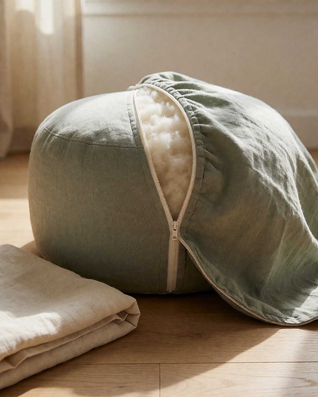 Pouf déhoussable entrouvert montrant son garnissage en fibres recyclées sur un parquet clair