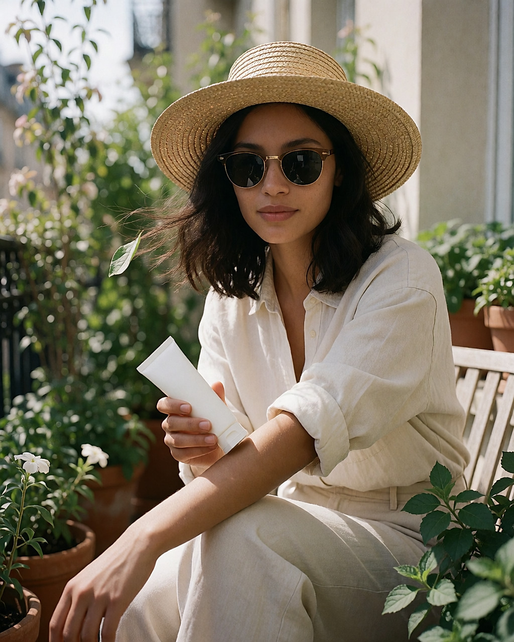 Jeune femme sur un balcon de printemps, chapeau de paille et lunettes, appliquant de la crème solaire