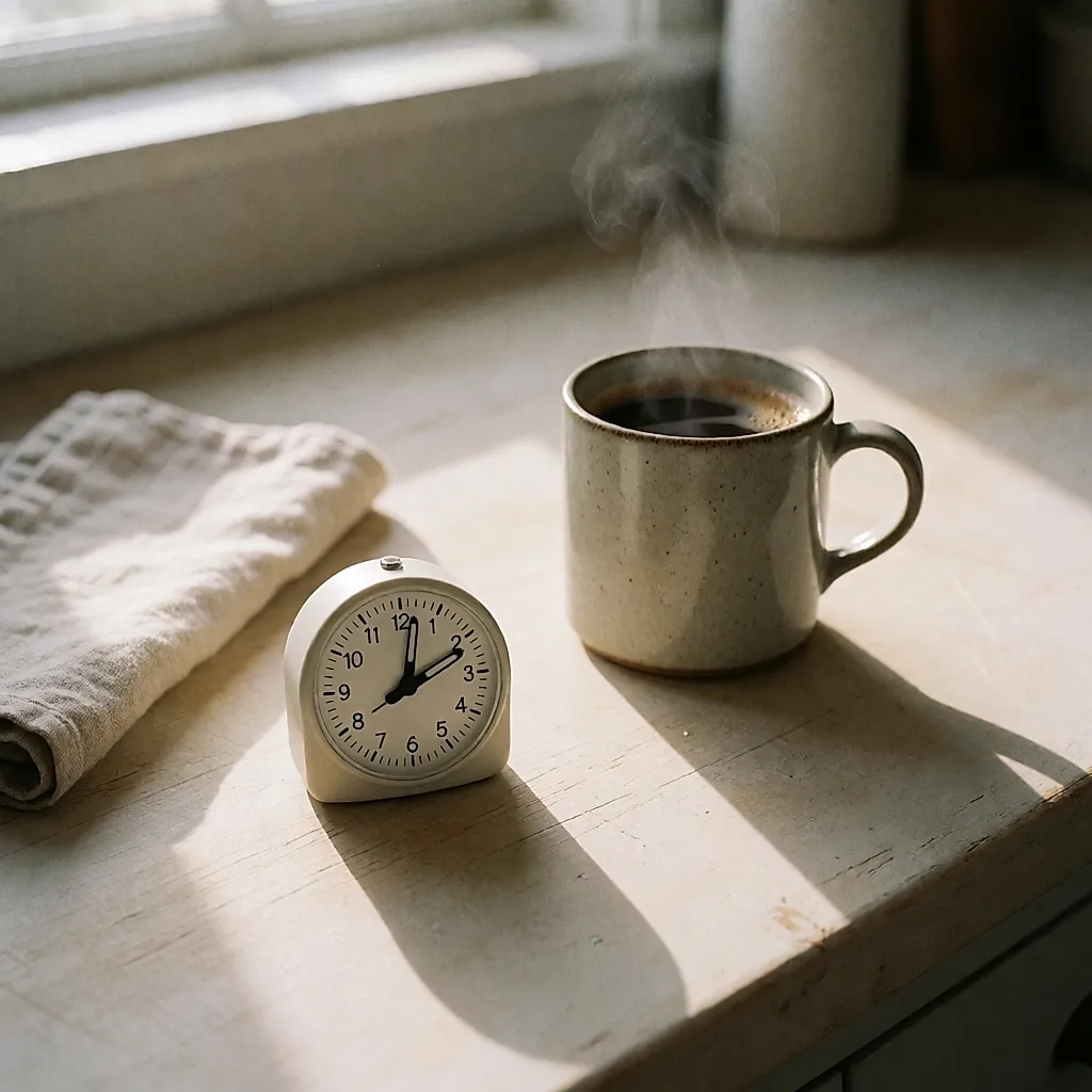 Um temporizador de cozinha e uma chávena de café na bancada