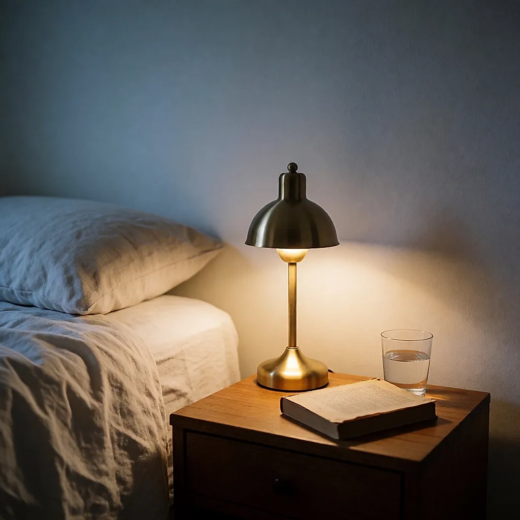 Um candeeiro de cabeceira aceso junto a uma cama desfeita, à noite