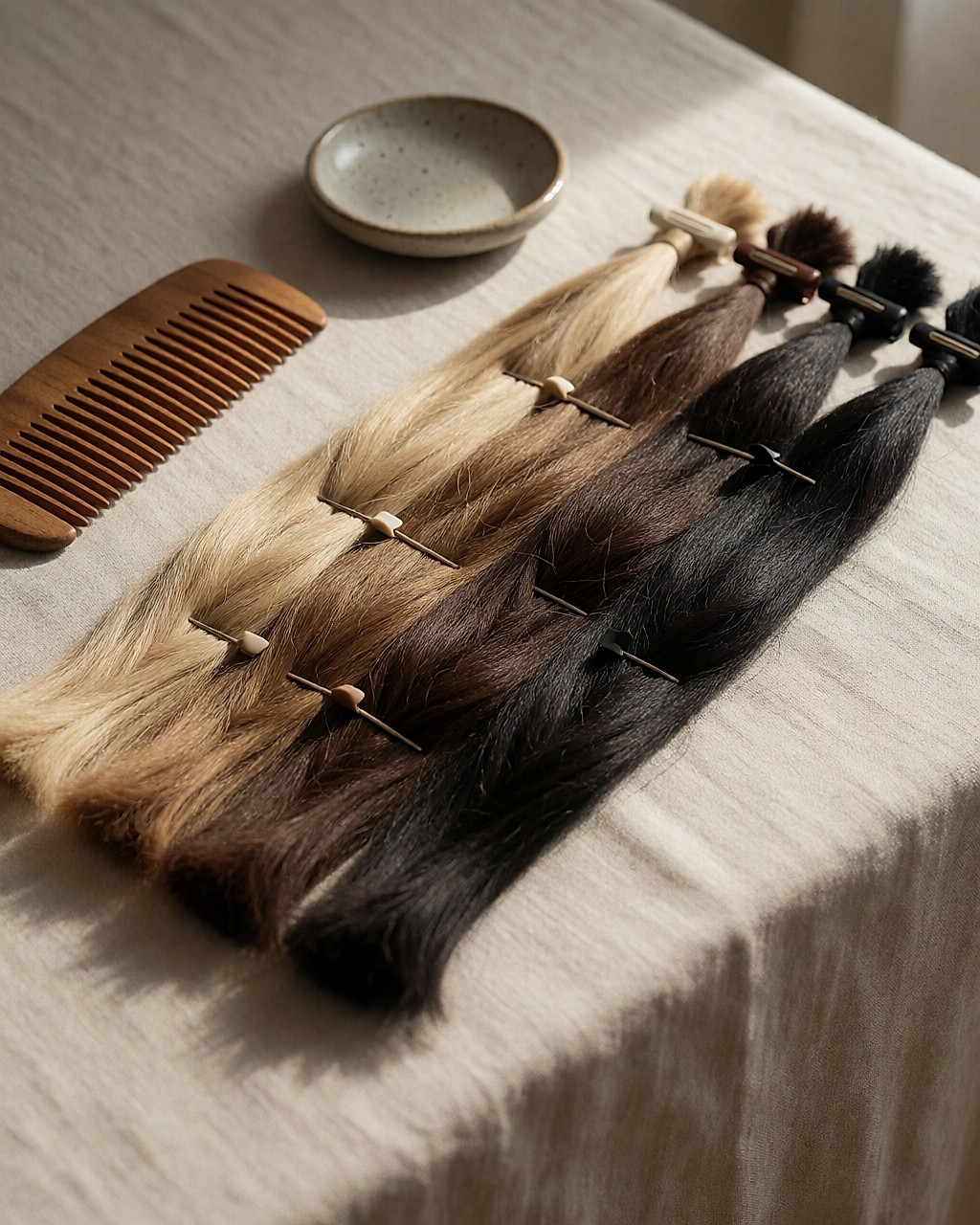 Four swatches of natural hair, from ash blonde to black, lined up on crumpled linen