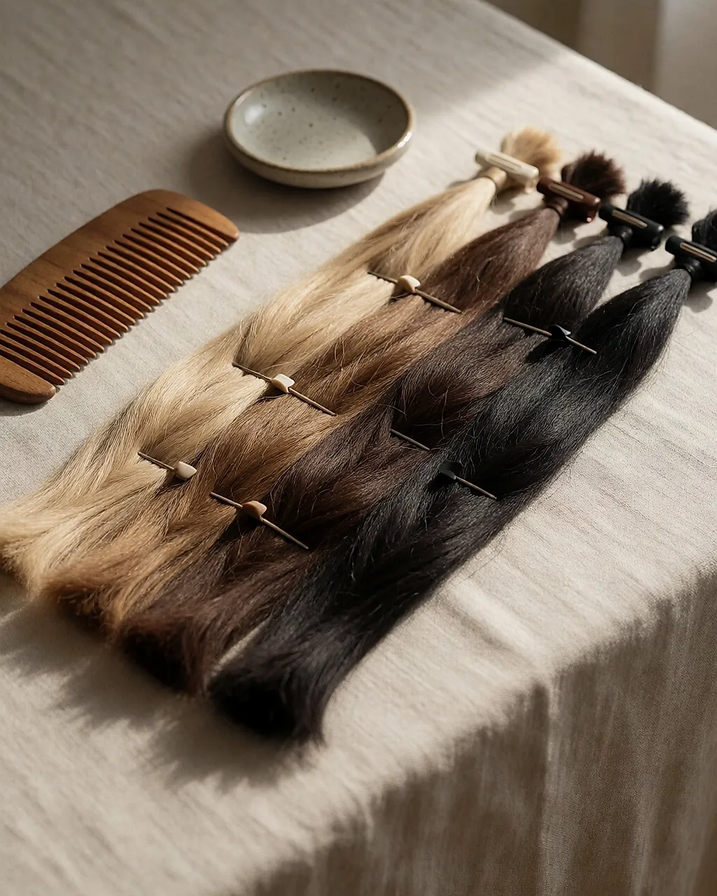 Vier Strähnen Naturhaar, von aschblond bis schwarz, auf zerknittertem Leinen nebeneinandergelegt