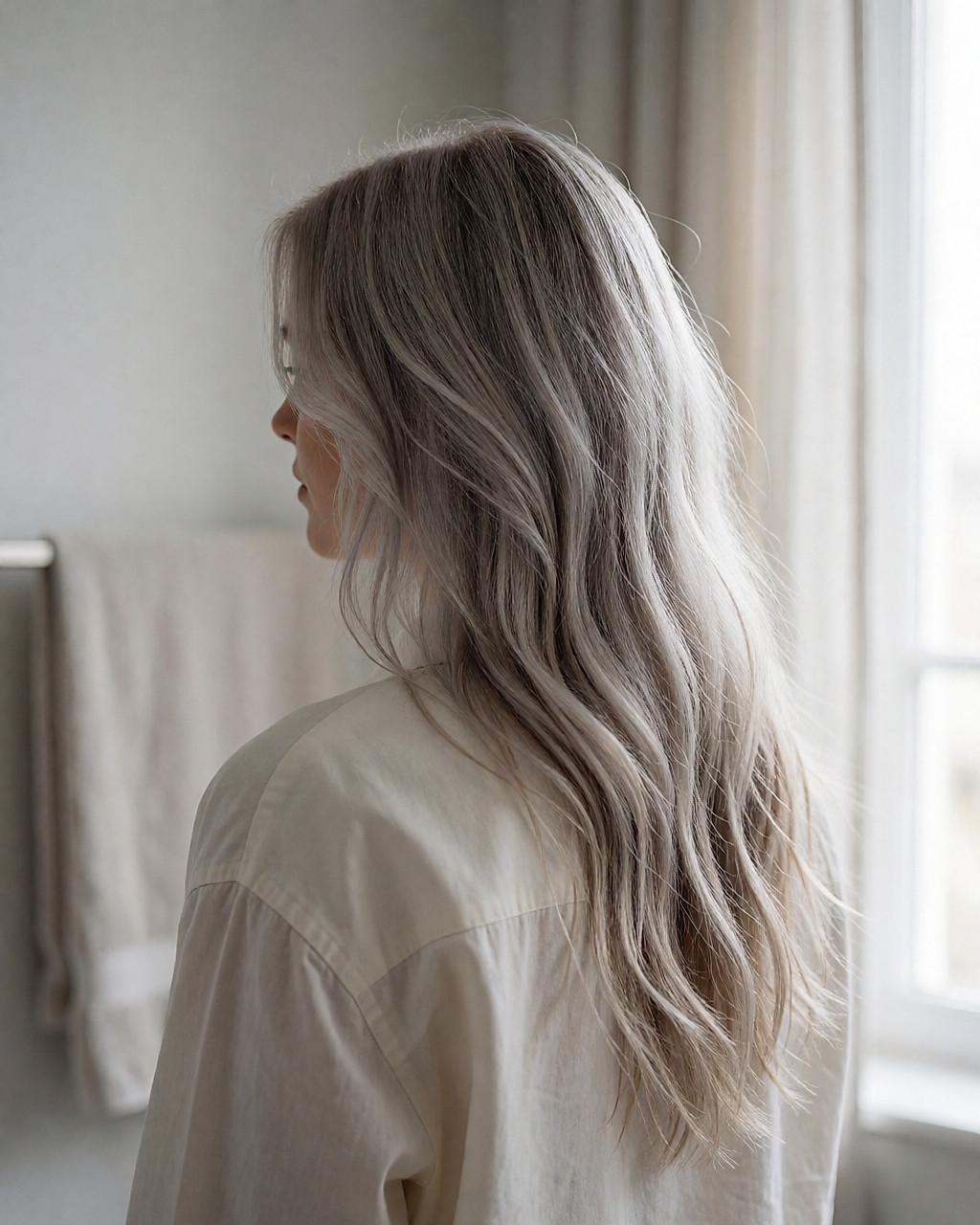Three-quarter rear view of a very pale young woman with long cool blonde hair