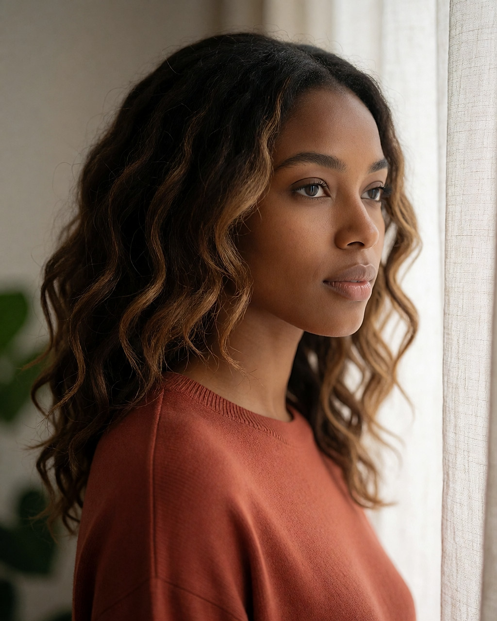 Young Black woman with medium skin tone, wavy brown hair lifted with fine caramel highlights