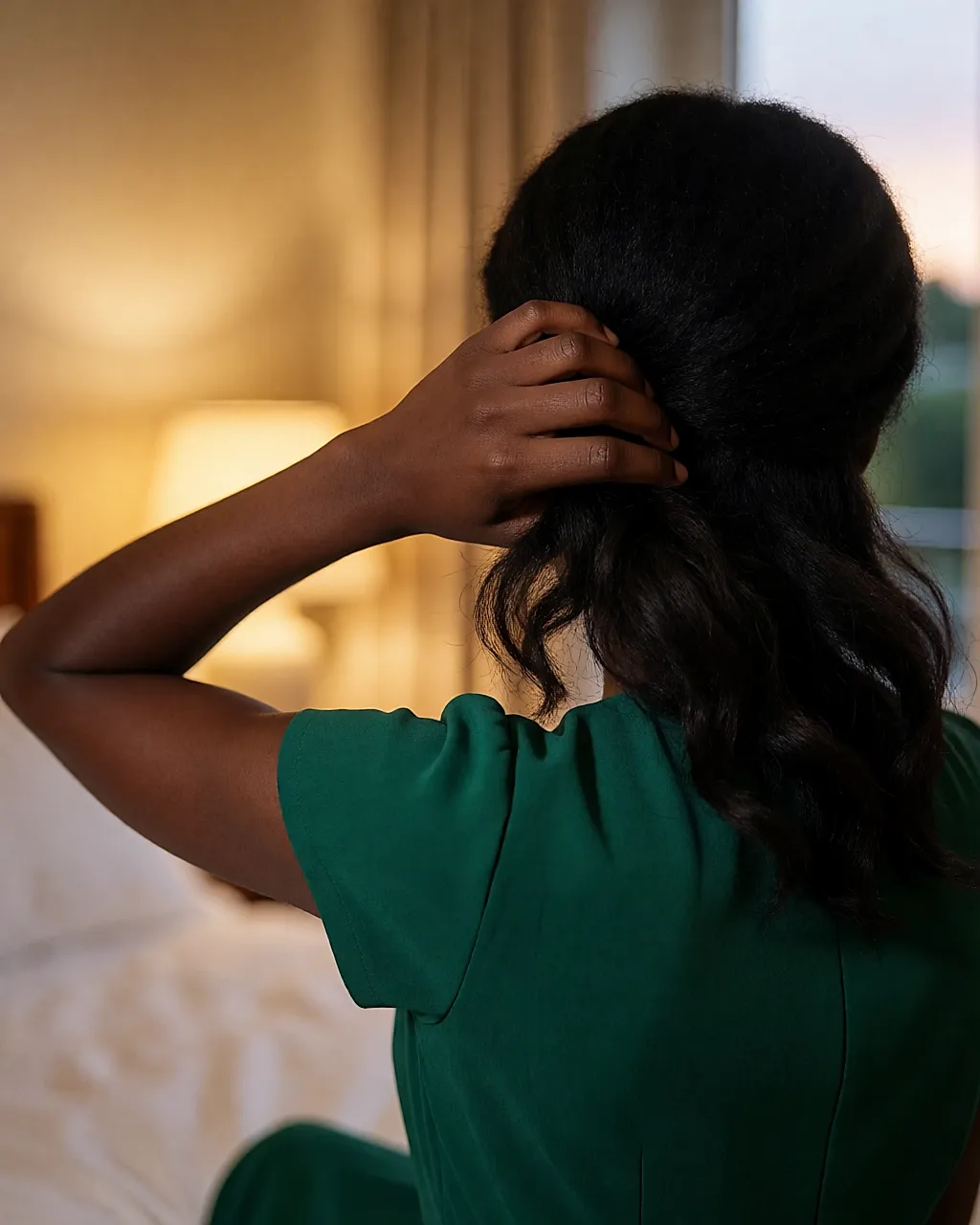Mujer joven frente al espejo ajustándose el peinado antes de una fiesta