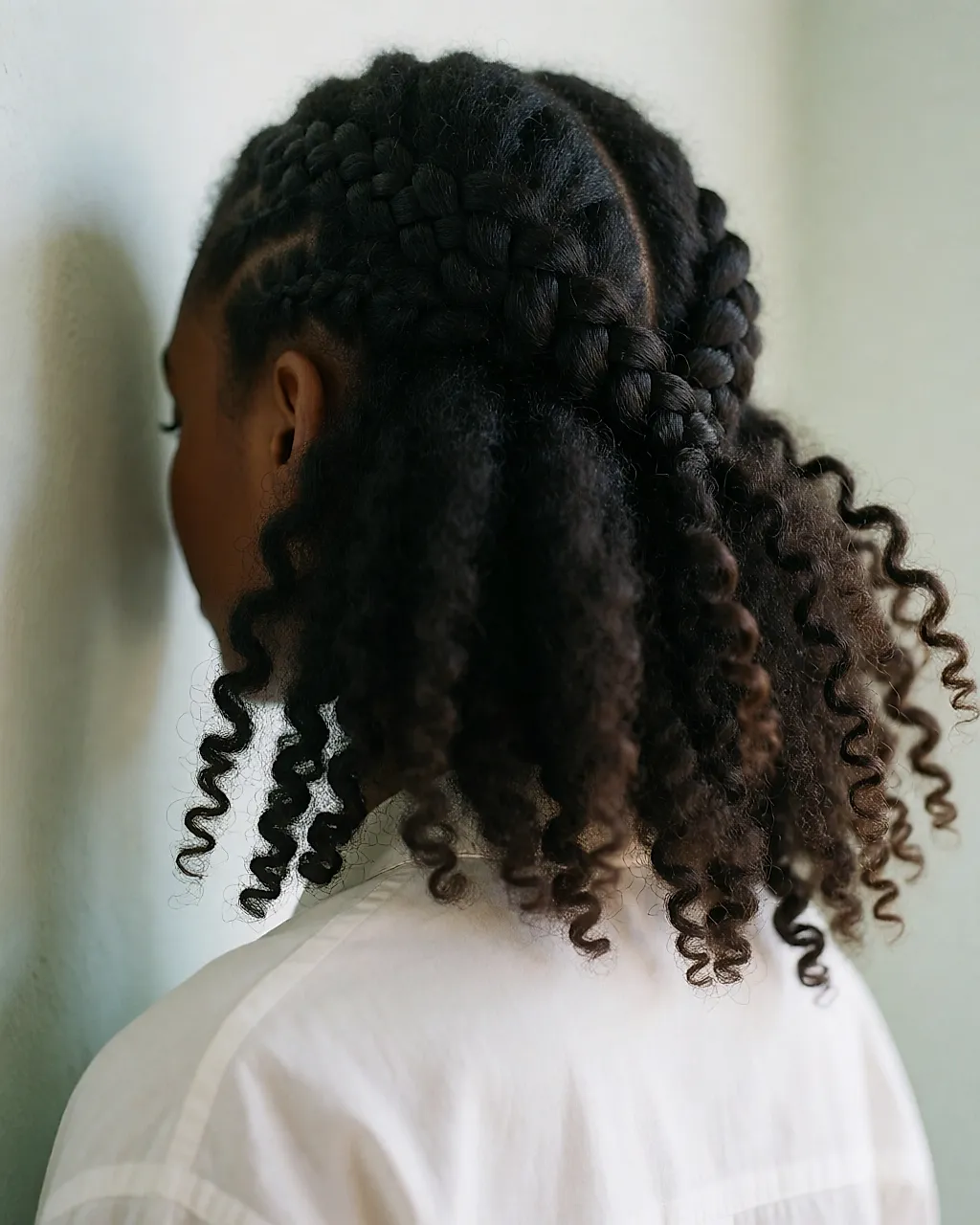 Media coleta con trenzas: dos trenzas finas pegadas llevadas hacia atrás