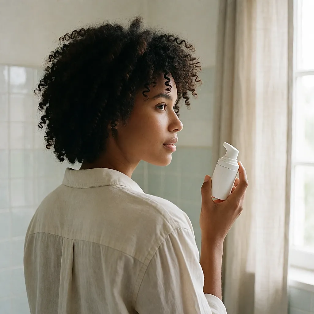 Une jeune femme aux boucles bien dessinées tient un flacon de mousse coiffante dans sa salle de bain