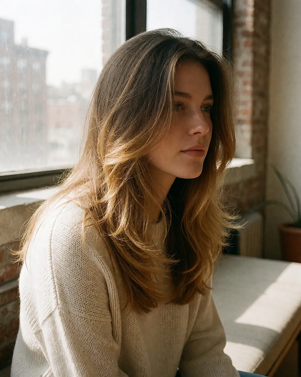Long layered hair with honey-blonde tips, three-quarter view indoors