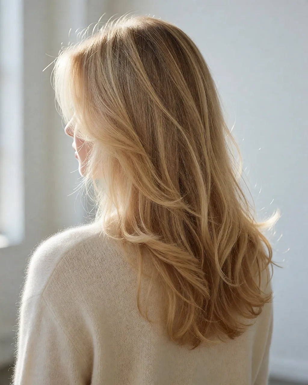 Long layered baby-blonde hair, seen from behind in the light
