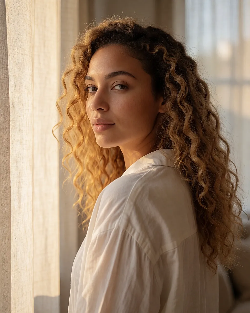 Long golden curls cascading, three-quarter back view