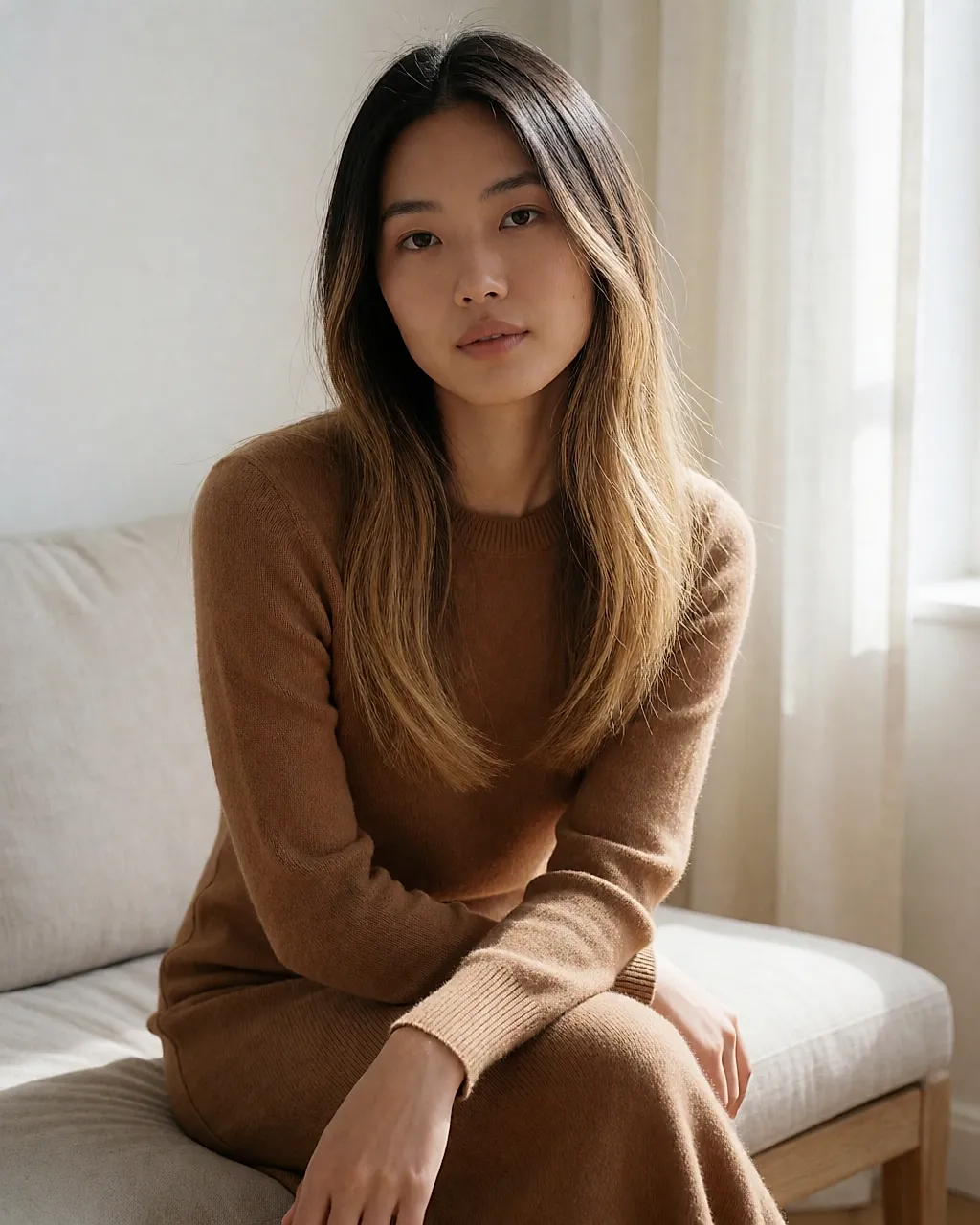 Sleek honey-toned layered hair, glossy lengths seen from the side