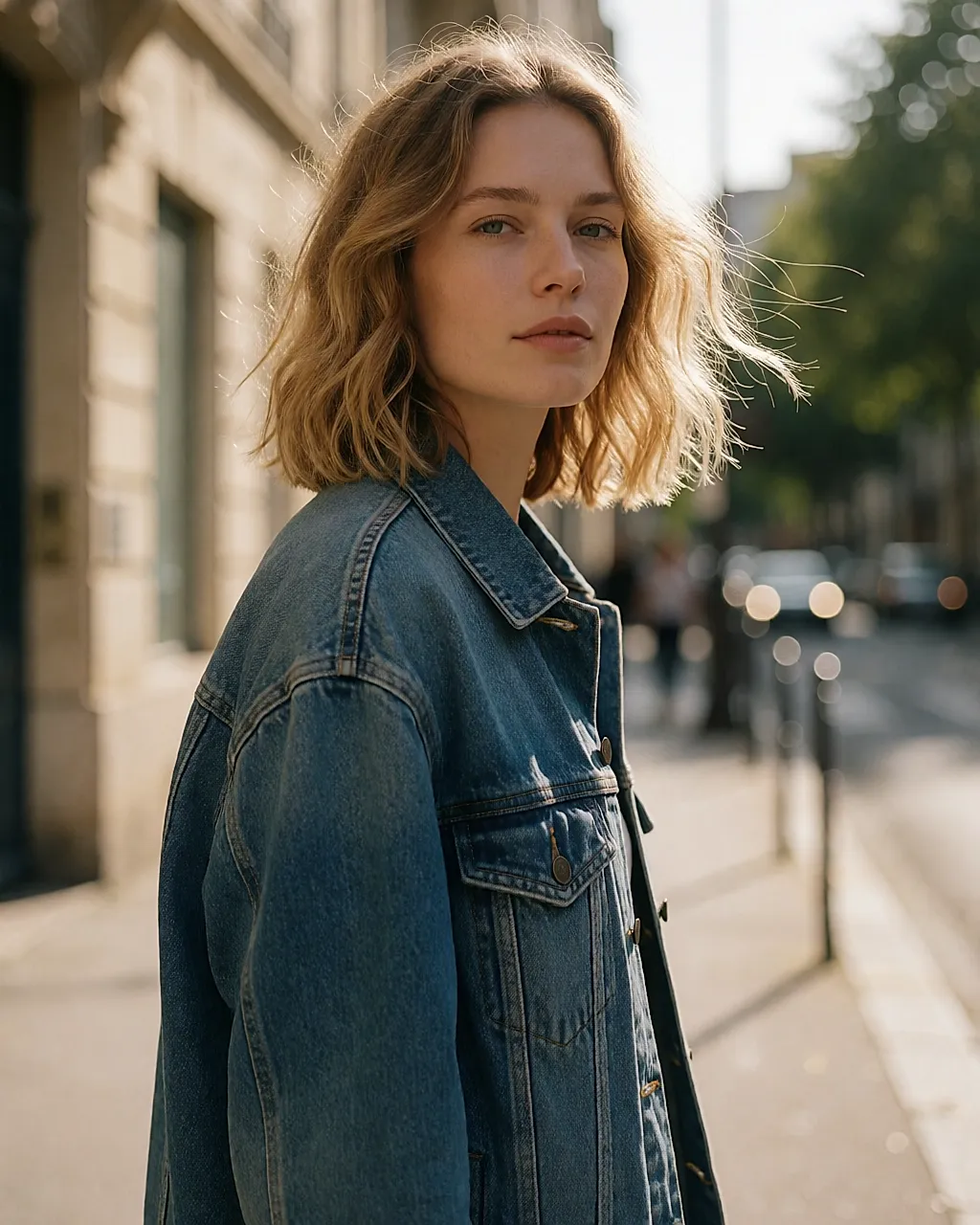 Mid-length wavy, tousled hair, young woman in the street