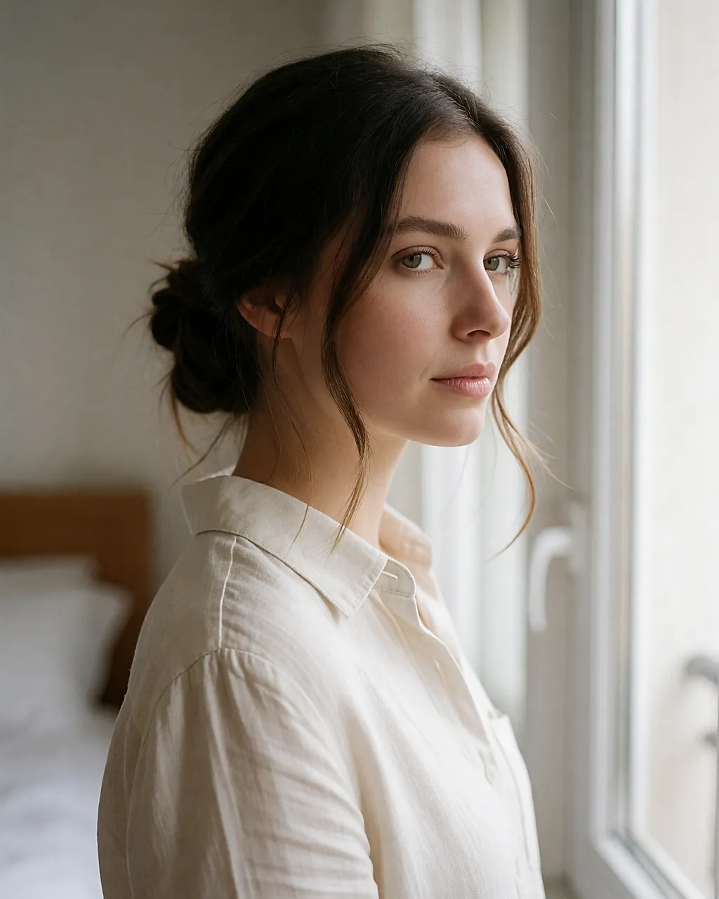 Loose bohemian low bun, side view