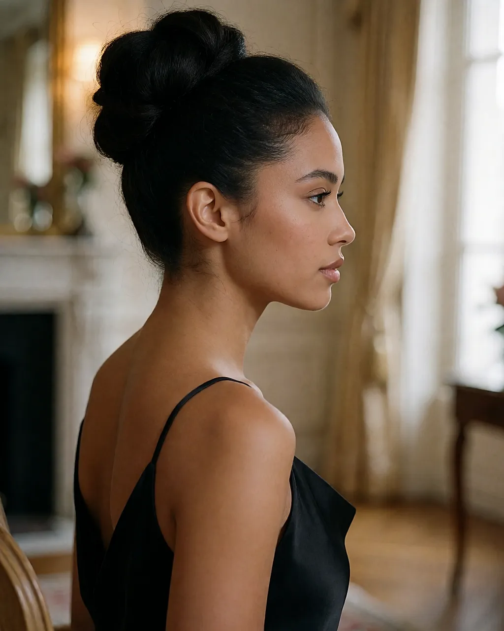 Full glamorous updo with volume on top, three-quarter back view