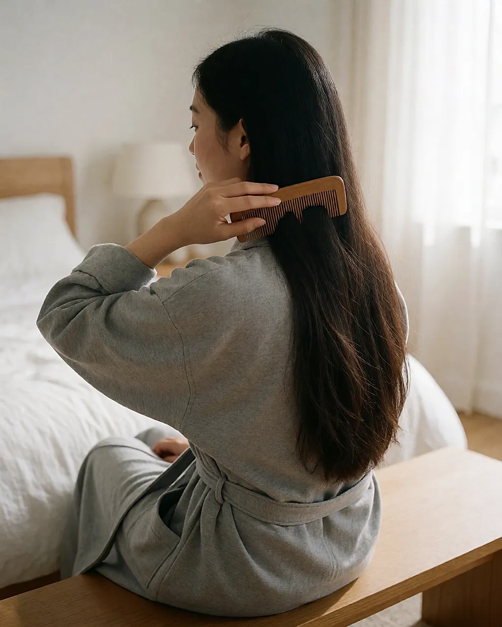 Wooden comb through very long hair, caring gesture seen from behind