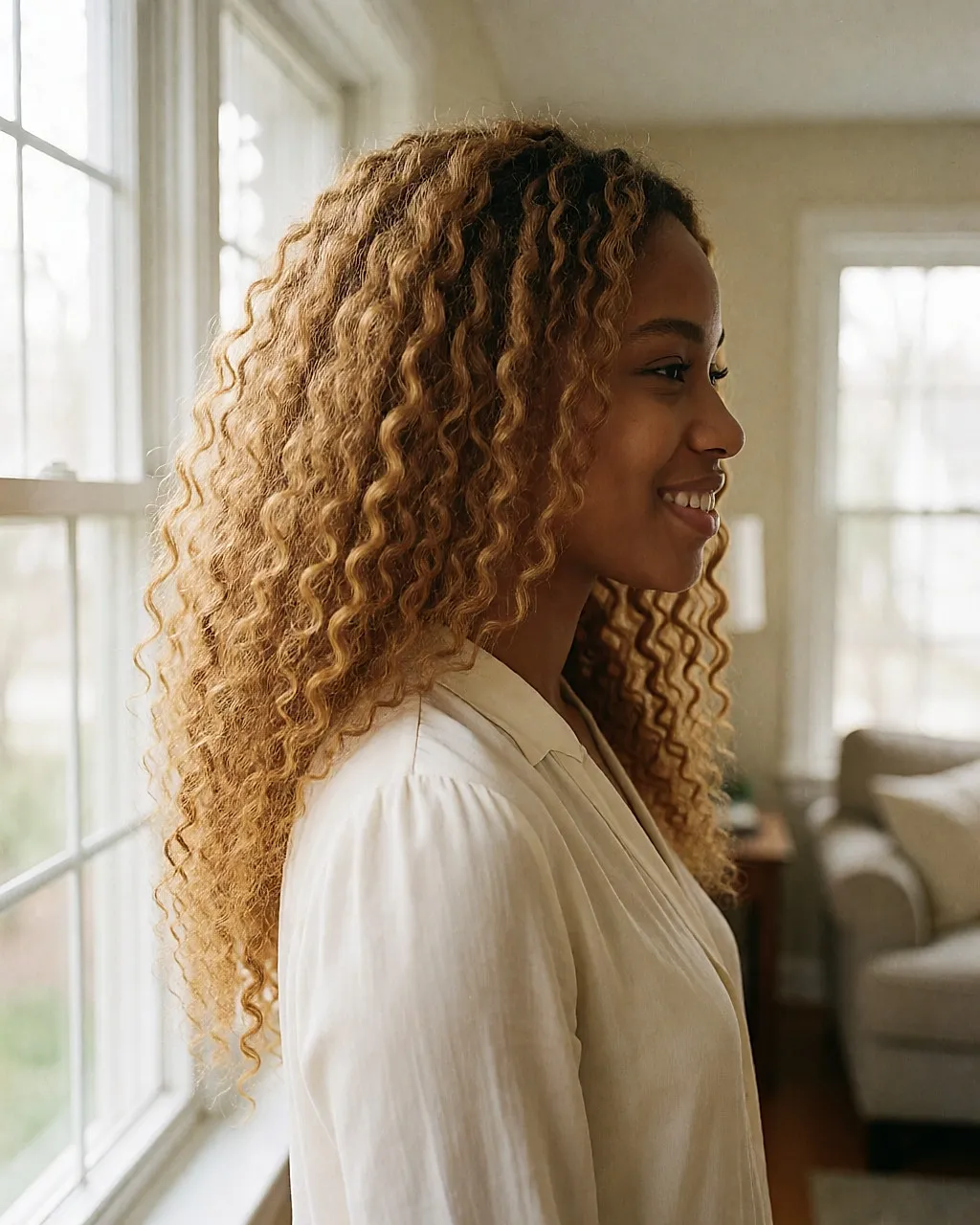 Long golden curls cascading on a young woman, side view