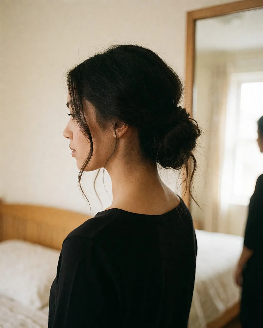 Loose bohemian bun, three-quarter back view, a few loose strands