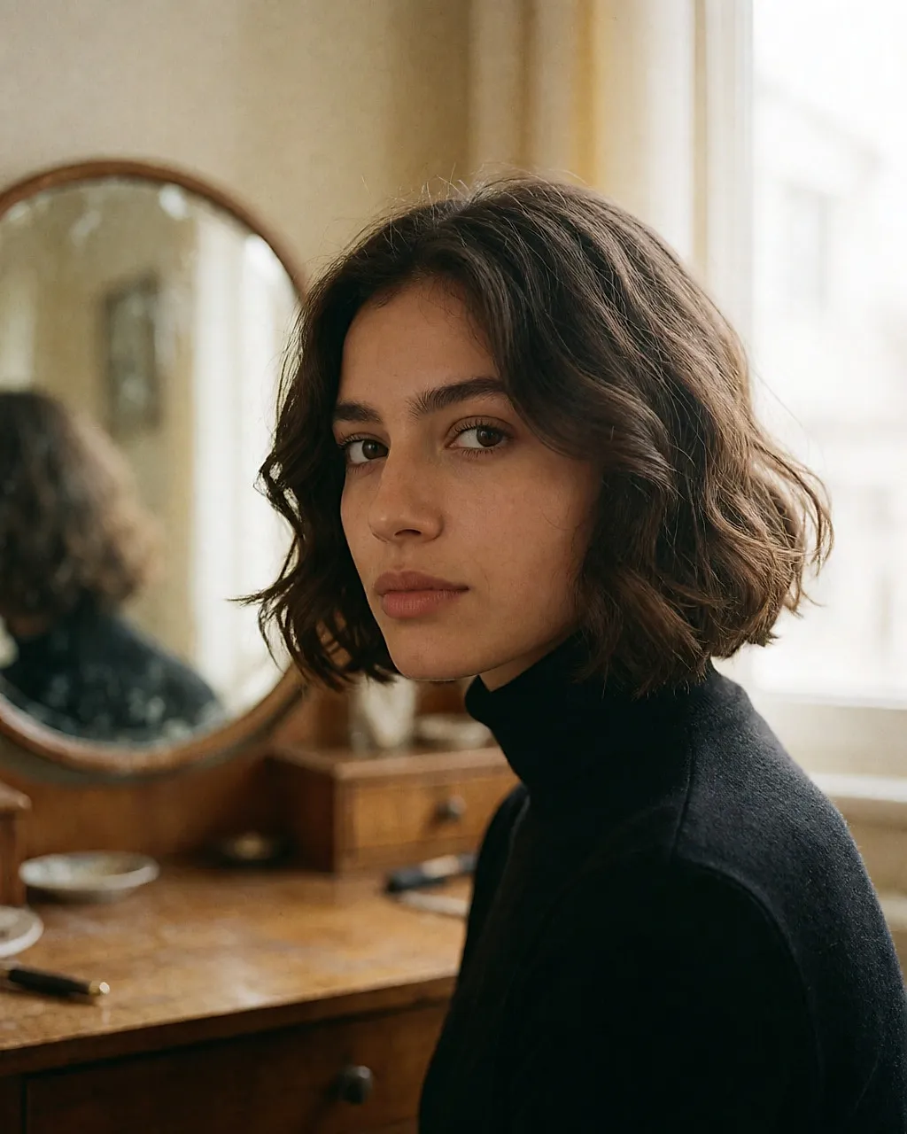 Chocolate-brown wavy chin-length bob, young woman seen in three-quarter view