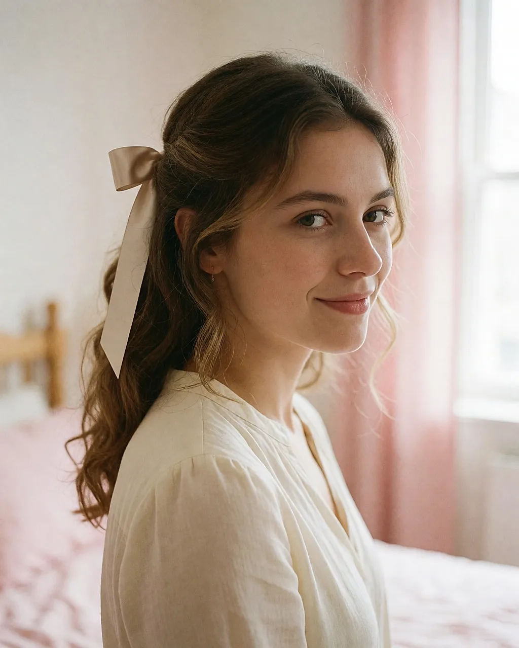 Satin ribbon tied behind the head on wavy hair, three-quarter view