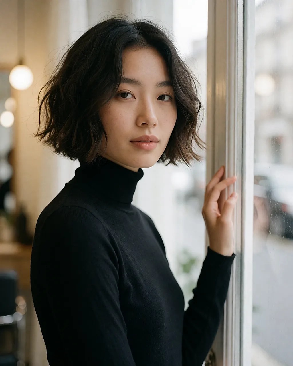 Short wavy, tousled bob with a natural finish, styled in the salon