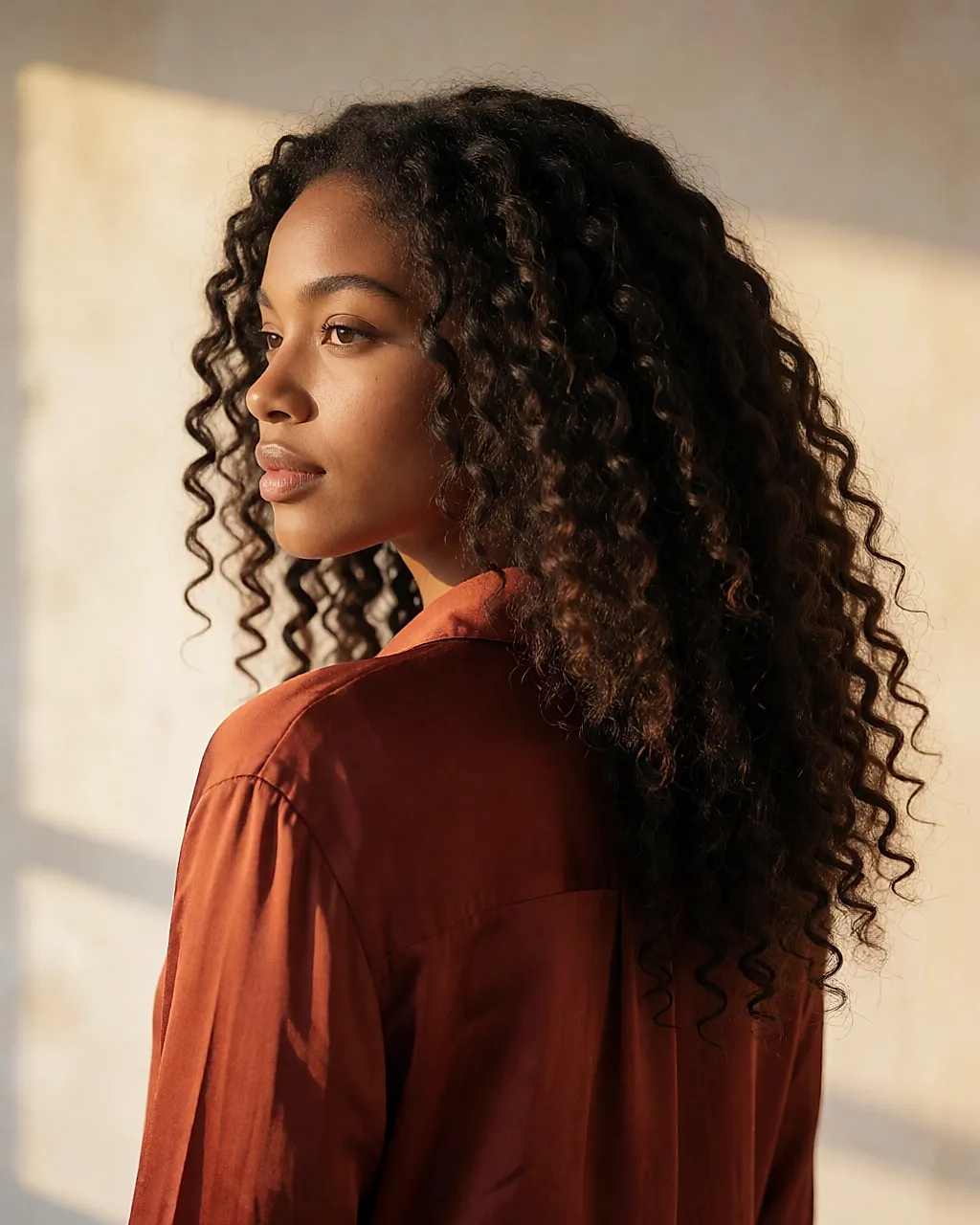 Long chocolate-brown curls cascading over the shoulders