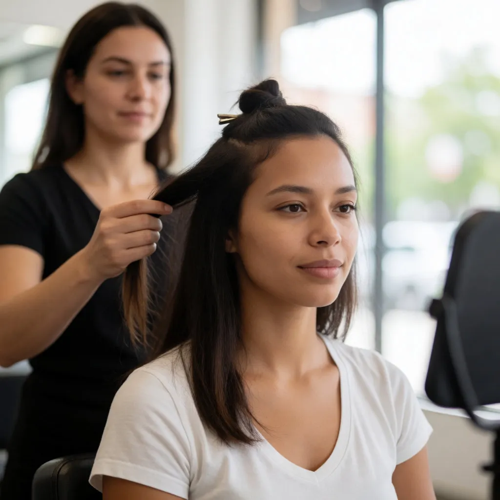 Junge Frau im Salon, eine Teststrähne ist in das dunkle Haar geklemmt, natürliches Licht