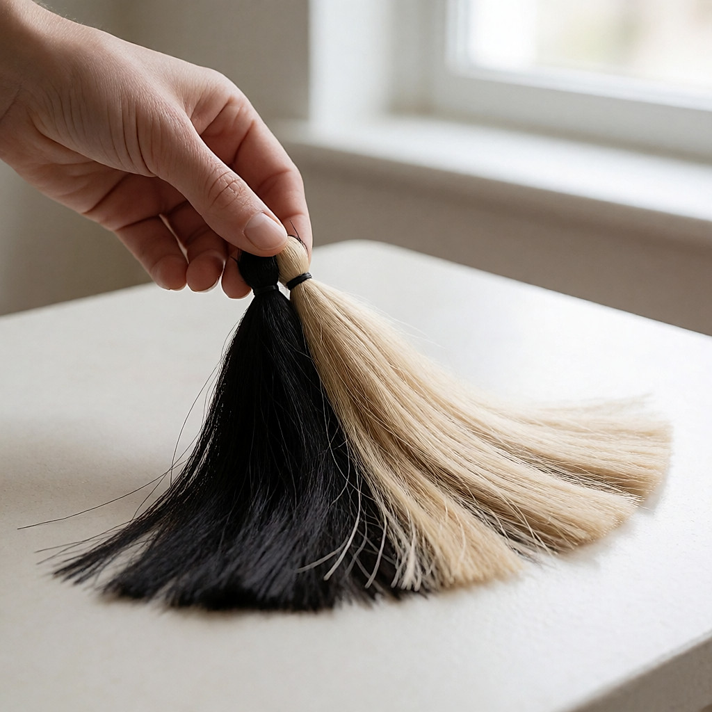 Fächer mit Haarsträhnen von Schwarz bis Platinblond in der Hand