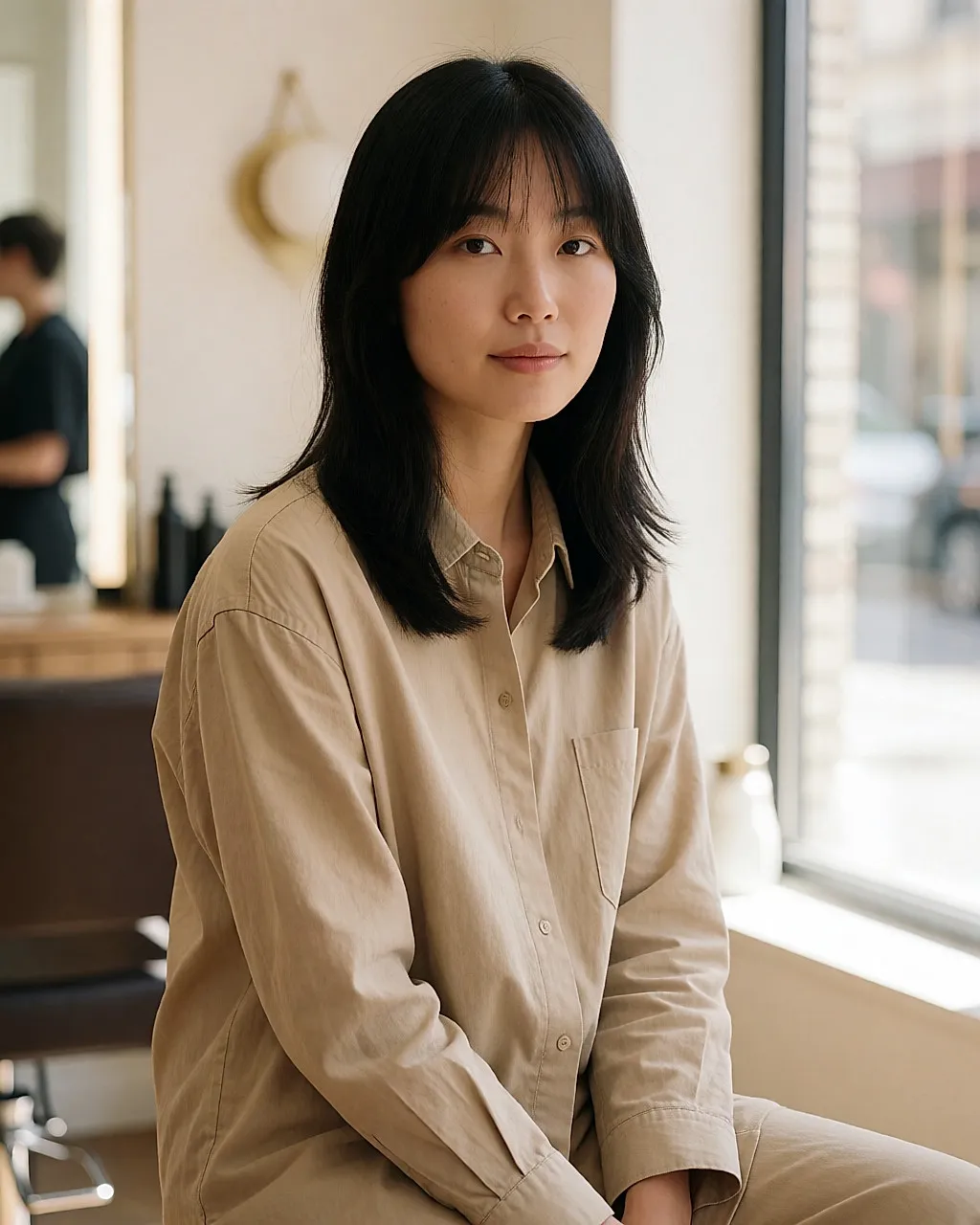 亚洲女性黑色中长发,中分的窗帘刘海