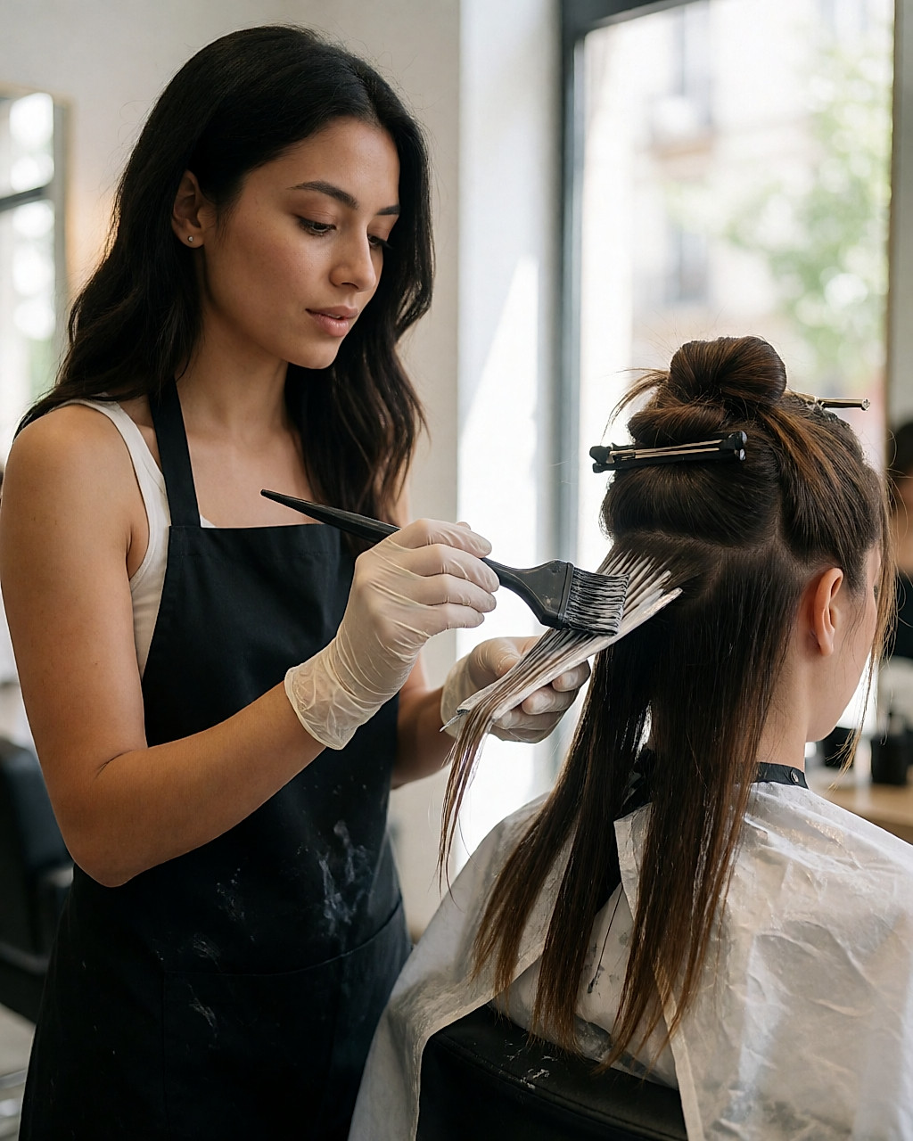 Coiffeuse appliquant au pinceau un éclaircissant sur une mèche posée sur du papier alu, en salon