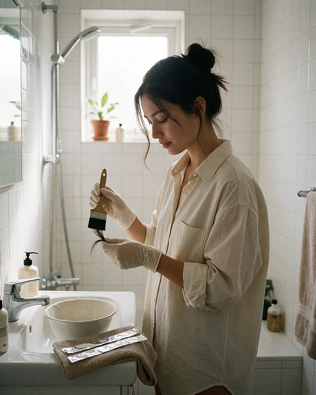 Jeune femme appliquant elle-même une coloration dans une petite salle de bains, bol et papier alu sur le lavabo