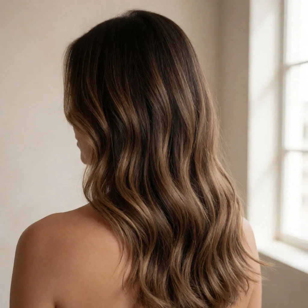 Dos d'une femme aux cheveux bruns ondulés avec balayage lumineux et racines fondues