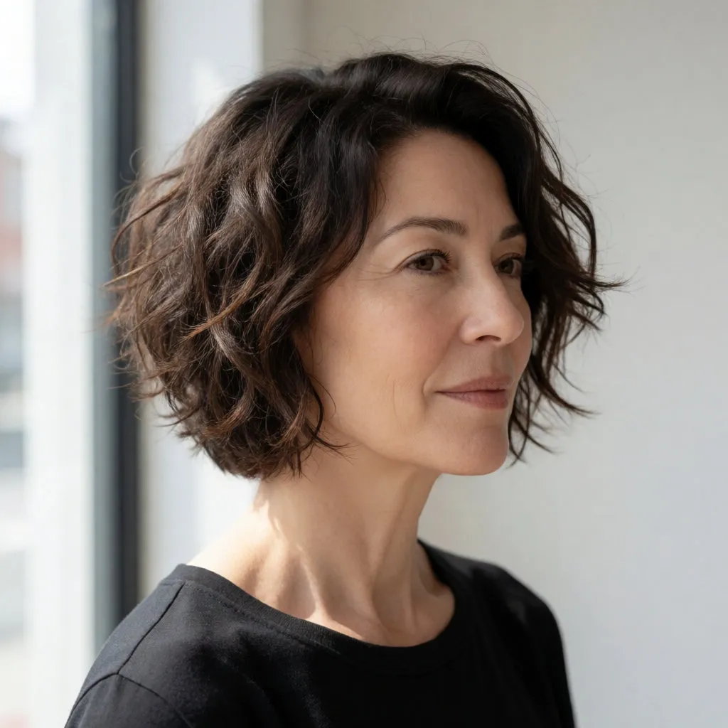 Portrait d'une femme au carré long texturé arrivant aux clavicules, lumière naturelle douce