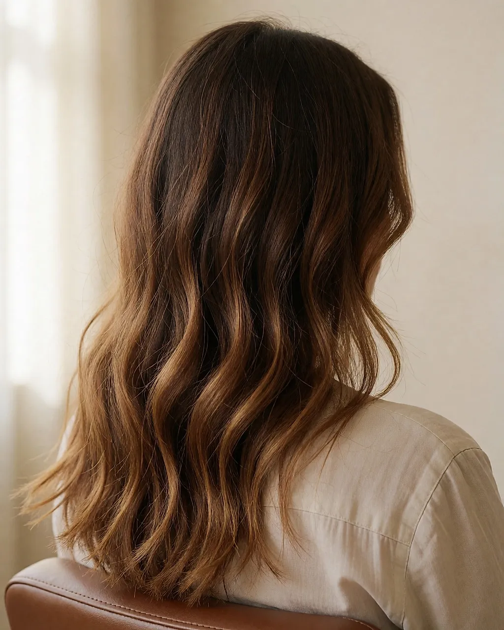 Dos d'une femme aux cheveux bruns ondulés, balayage doré discret et racines fondues