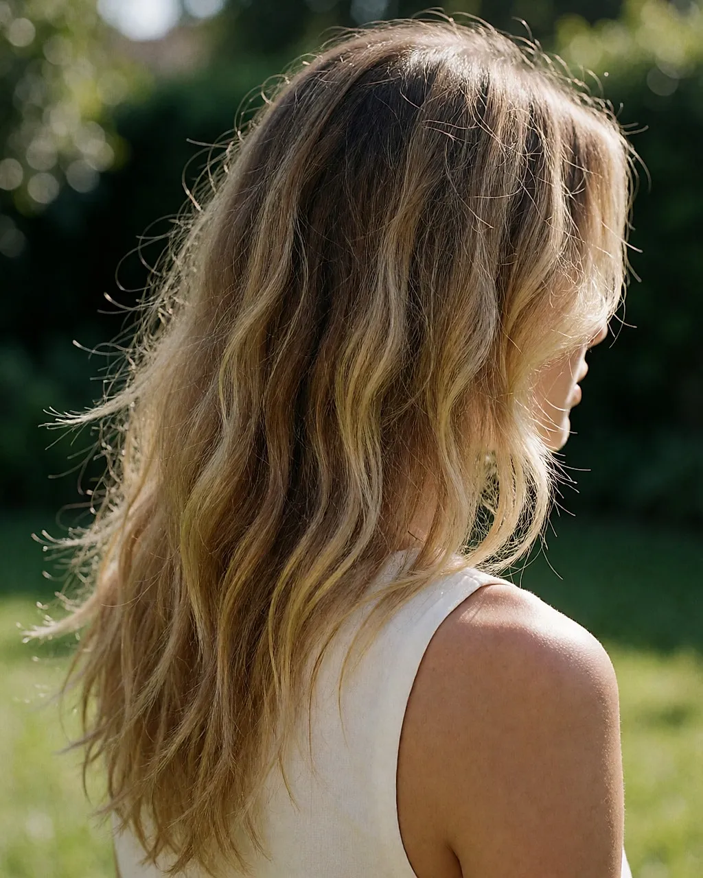 Cheveux blonds californiens vus de dos, racines marquées et pointes éclaircies par le soleil